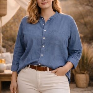 J. Crew Chambray Band Collar Button Up Long Sleeve Denim Shirt | XL